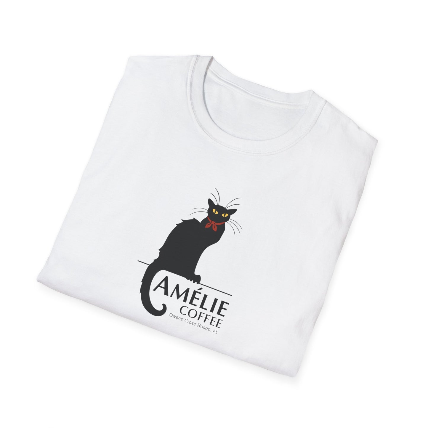 Le Chat Amélie Unisex T-Shirt, Coffee Lover Gift, Cute Cat Tee, Softstyle Graphic Tee, Casual Wear, Present for Cat Lovers