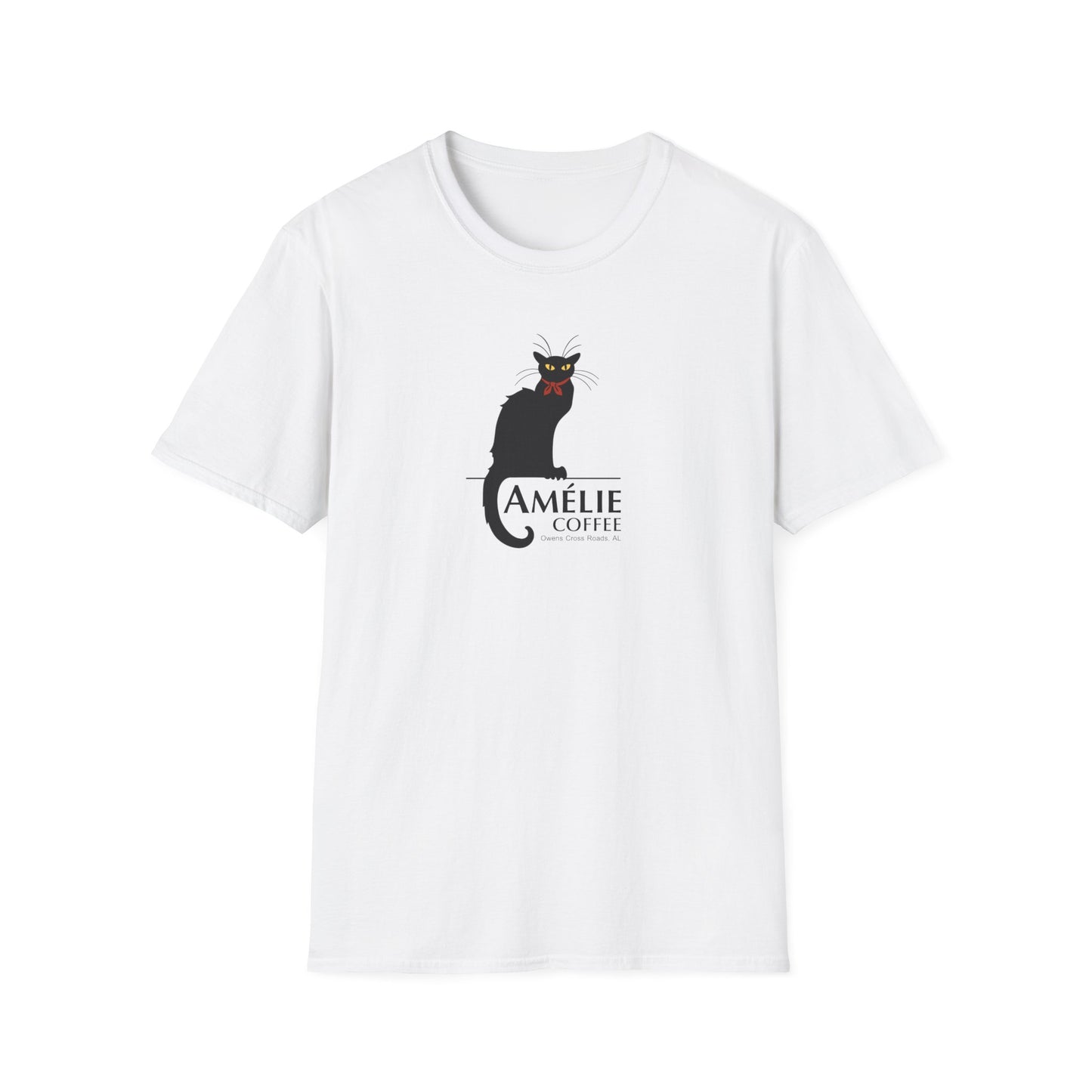 Le Chat Amélie Unisex T-Shirt, Coffee Lover Gift, Cute Cat Tee, Softstyle Graphic Tee, Casual Wear, Present for Cat Lovers